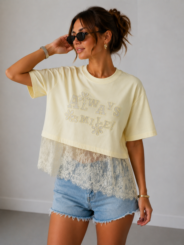 IT'S BASIC Dantel Detaylı Crop Tişört 2161 - SARI