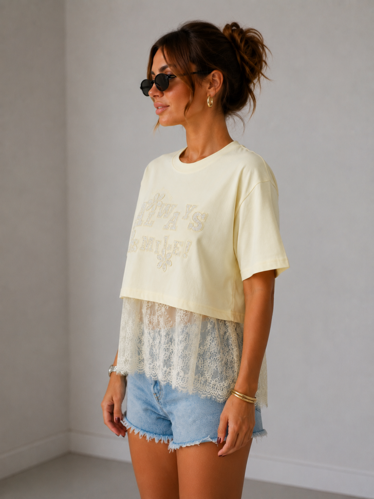 IT'S BASIC Dantel Detaylı Crop Tişört 2161 - SARI