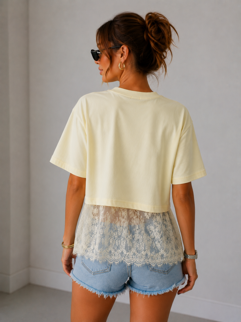 IT'S BASIC Dantel Detaylı Crop Tişört 2161 - SARI