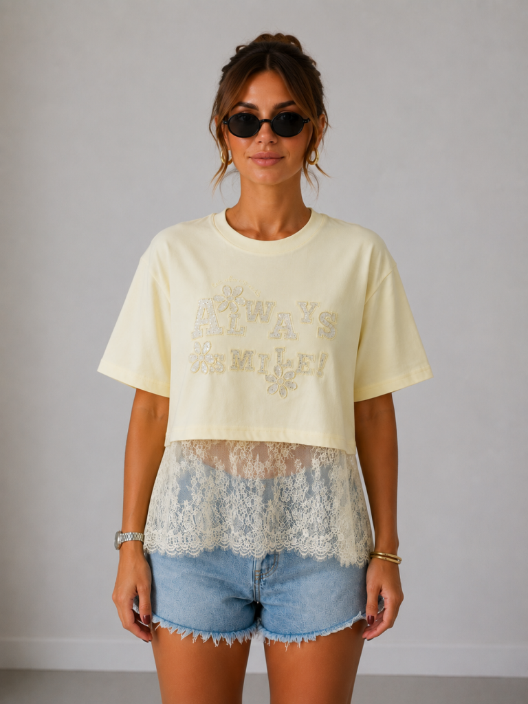 IT'S BASIC Dantel Detaylı Crop Tişört 2161 - SARI