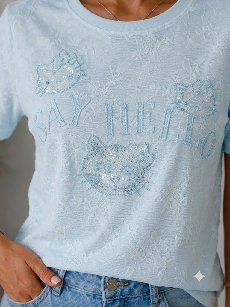 IT'S BASIC Nakışlı Taşlı Tişört 5120 - MAVİ