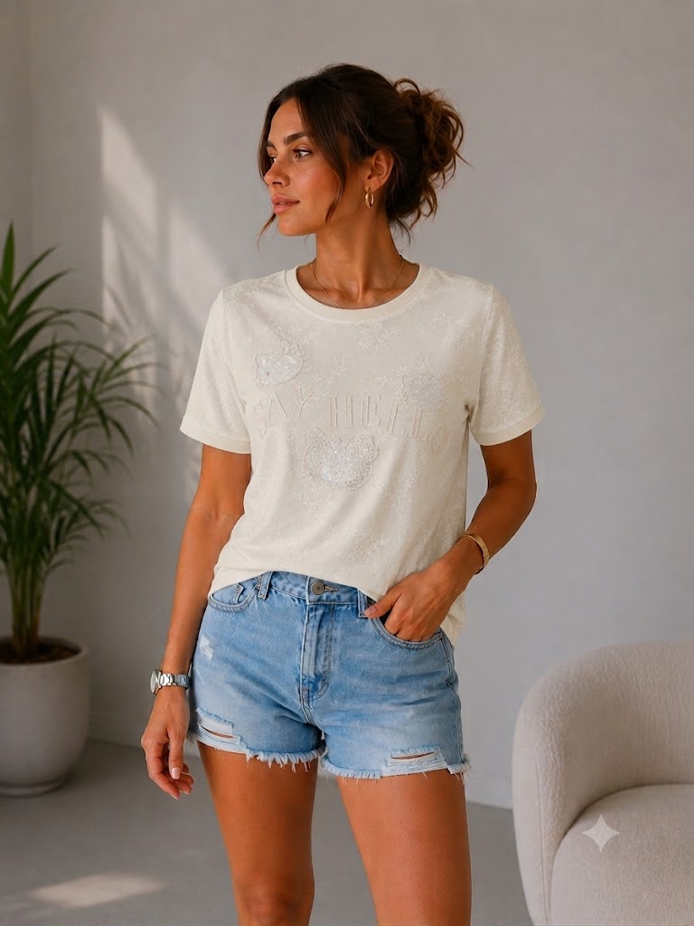 IT'S BASIC Nakışlı Taşlı Tişört 5120 - Beyaz