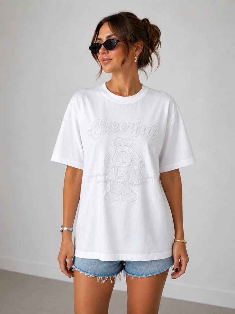 IT'S BASIC Oversize Pullu  Nakışlı Baskılı Tişört 5127 - EKRU