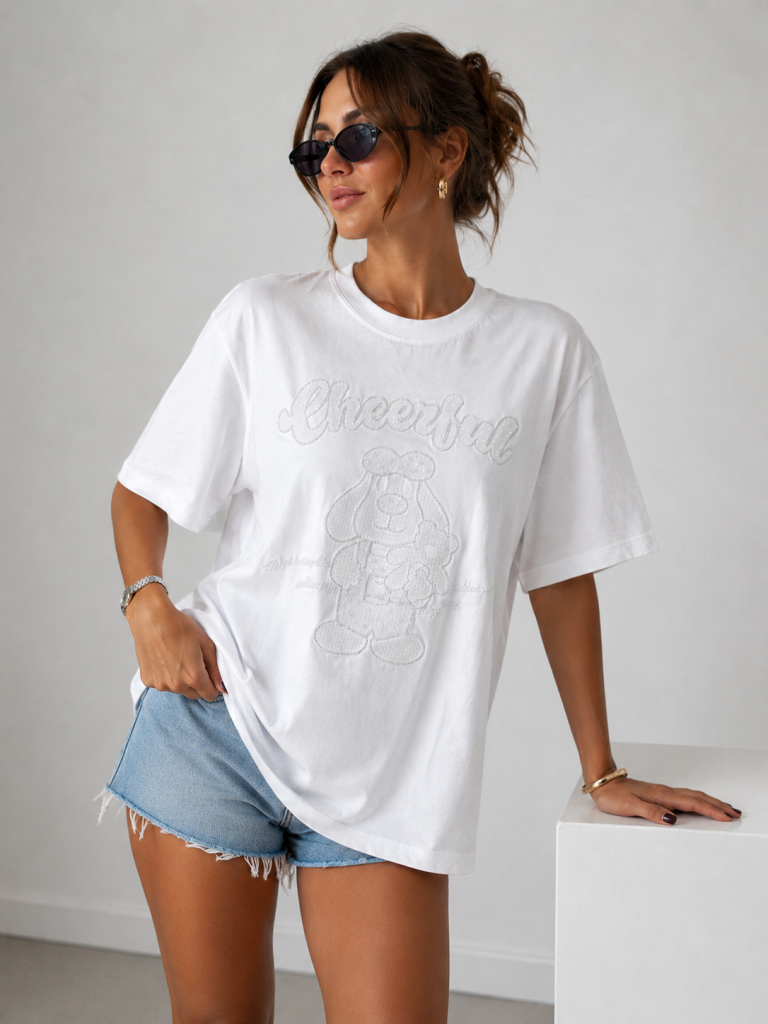IT'S BASIC Oversize Pullu  Nakışlı Baskılı Tişört 5127 - EKRU