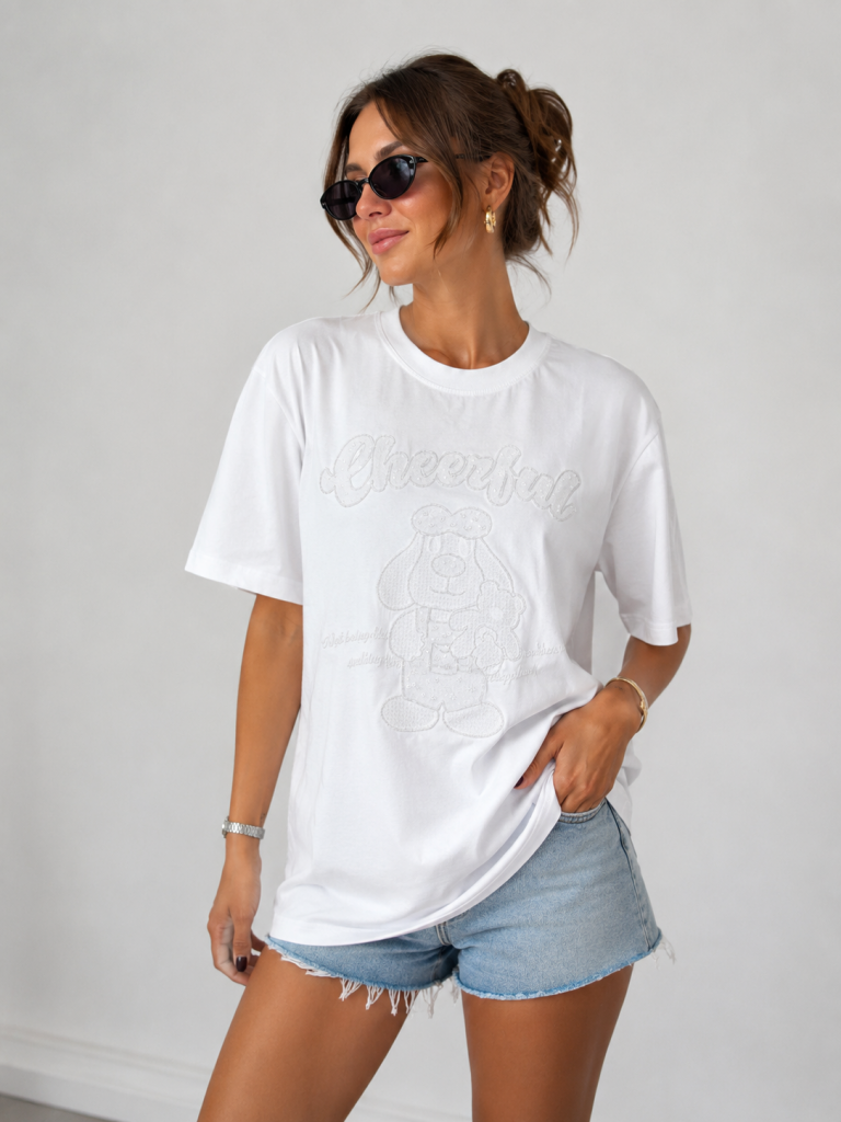 IT'S BASIC Oversize Pullu  Nakışlı Baskılı Tişört 5127