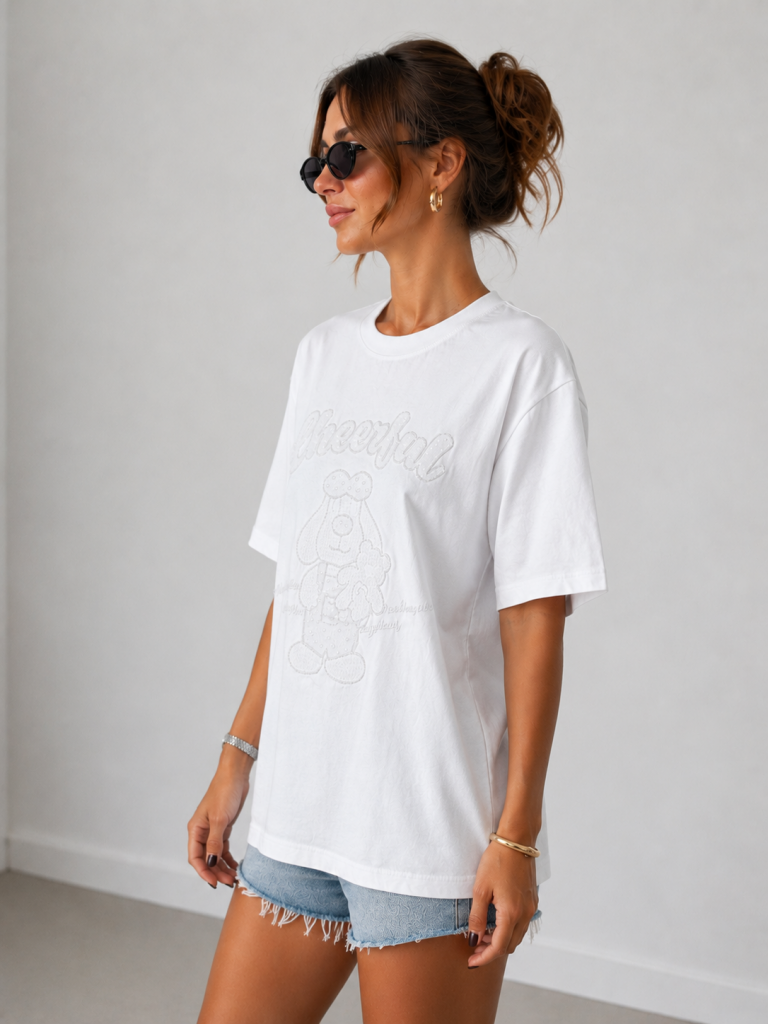 IT'S BASIC Oversize Pullu  Nakışlı Baskılı Tişört 5127 - EKRU