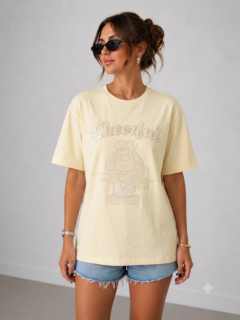 IT'S BASIC Oversize Pullu  Nakışlı Baskılı Tişört 5127 - SARI