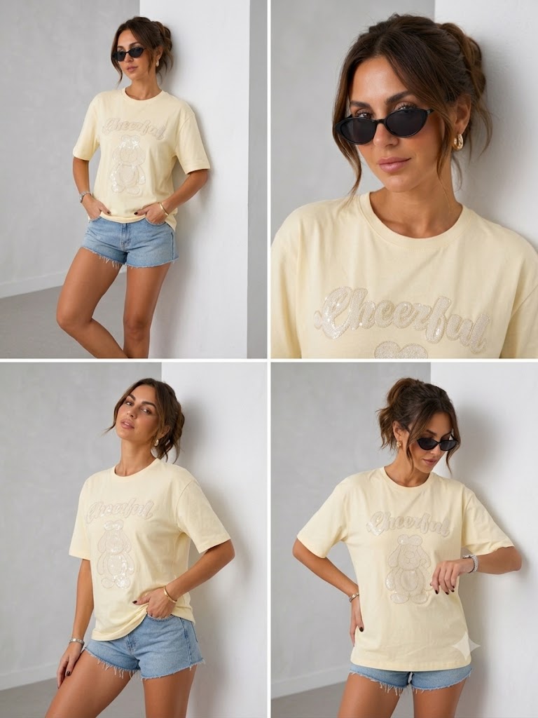 IT'S BASIC Oversize Pullu  Nakışlı Baskılı Tişört 5127 - SARI