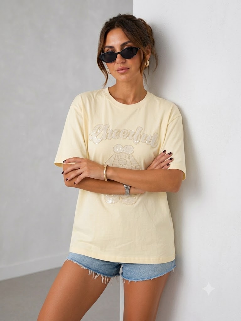 IT'S BASIC Oversize Pullu  Nakışlı Baskılı Tişört 5127 - SARI
