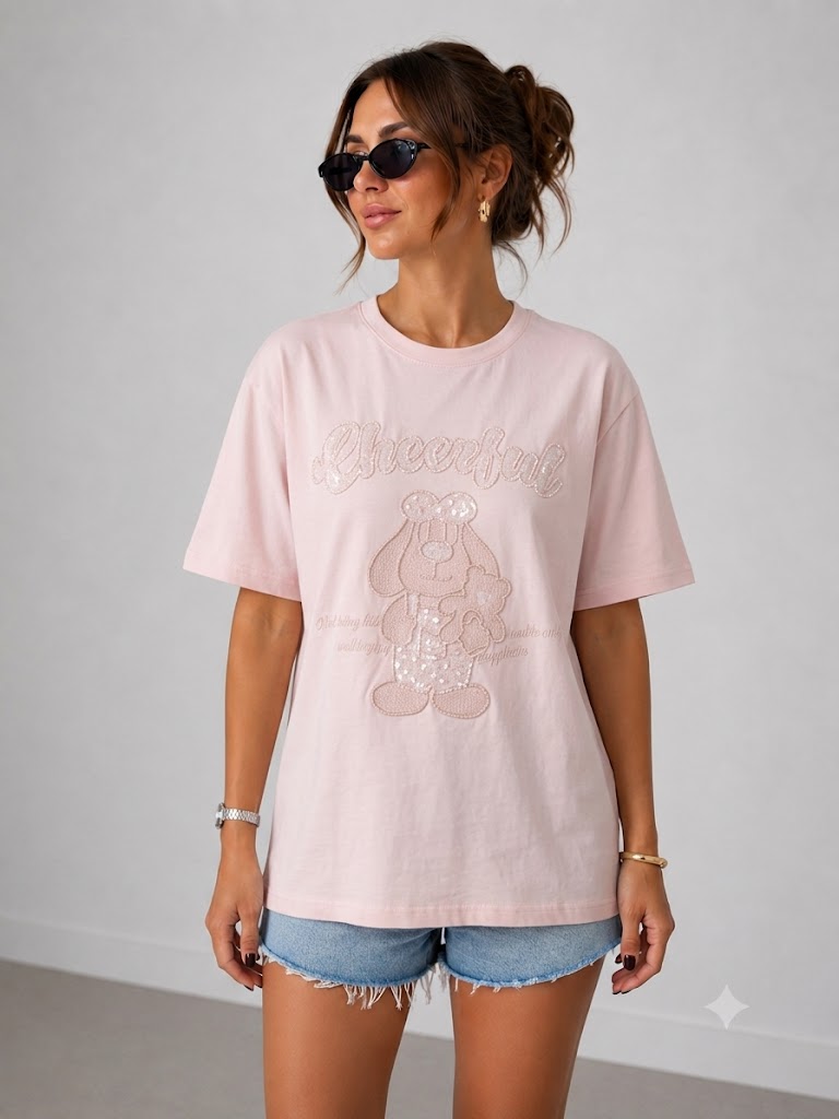IT'S BASIC Oversize Pullu  Nakışlı Baskılı Tişört 5127 - pembe