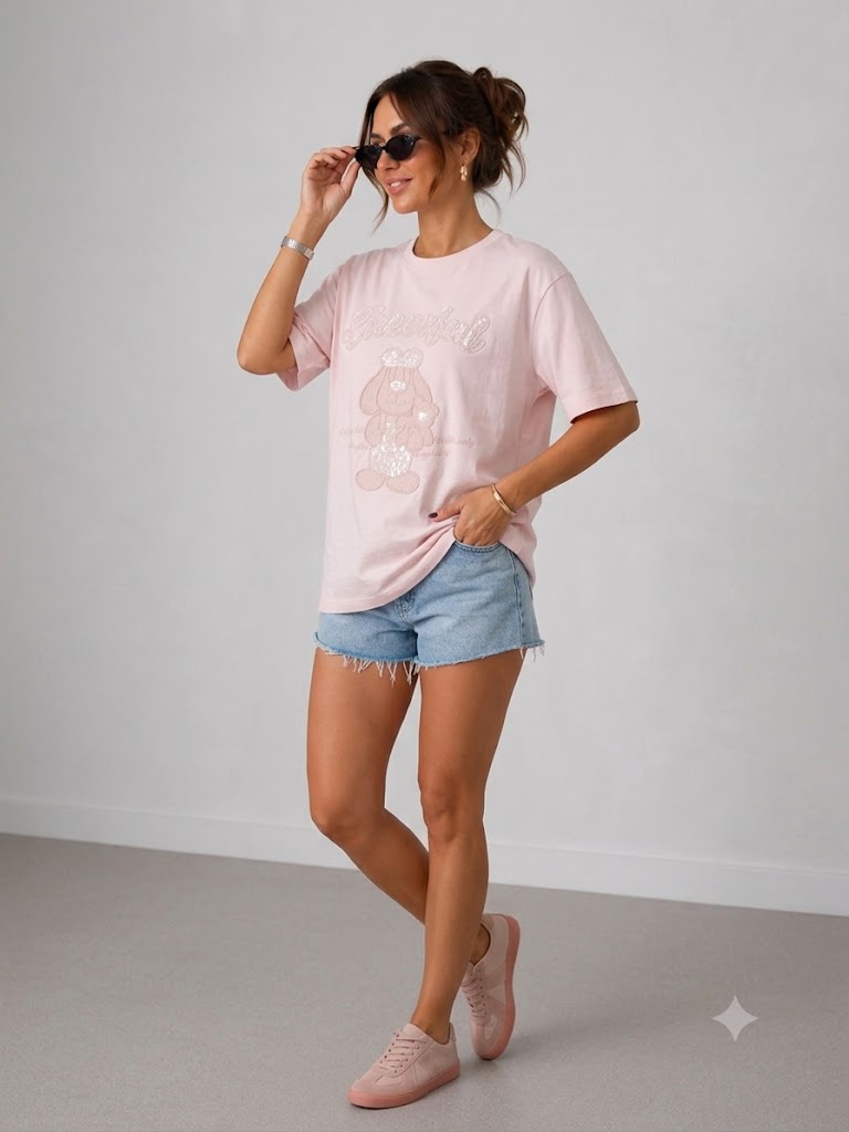 IT'S BASIC Oversize Pullu  Nakışlı Baskılı Tişört 5127 - pembe