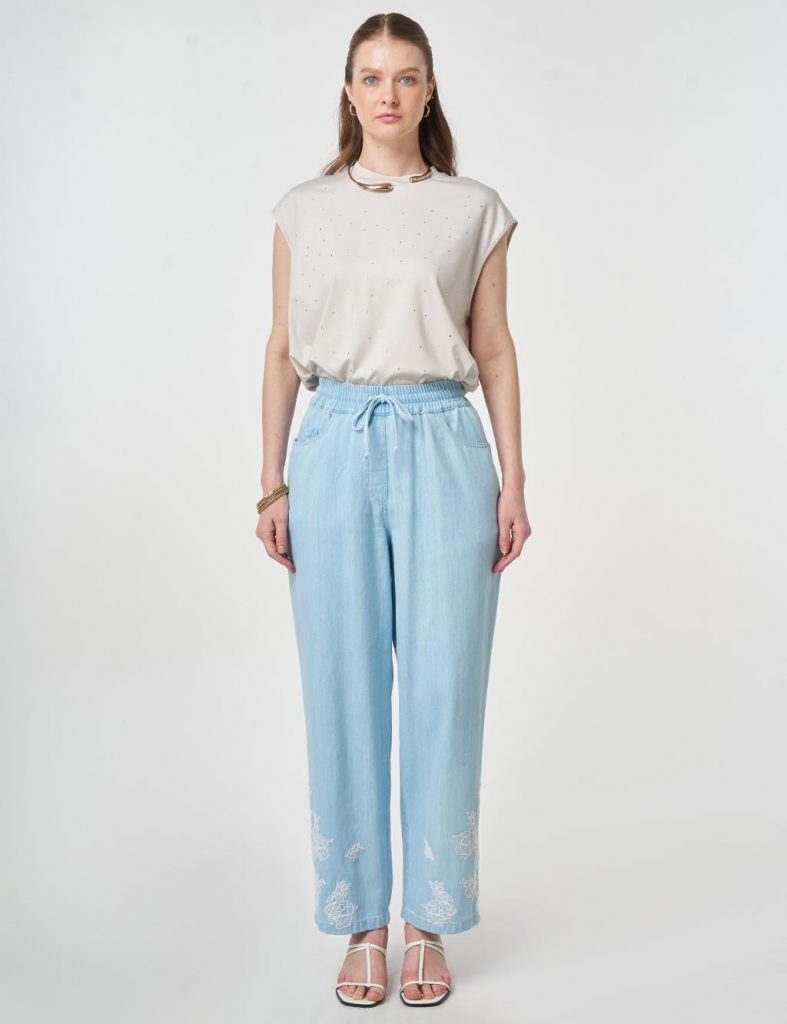 KAYRA Yıkamalı Paçası Nakış İşlemeli Denim Pantolon 79023 - KARMA