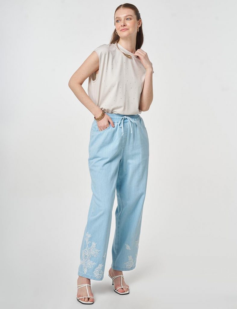 KAYRA Yıkamalı Paçası Nakış İşlemeli Denim Pantolon 79023 - KARMA