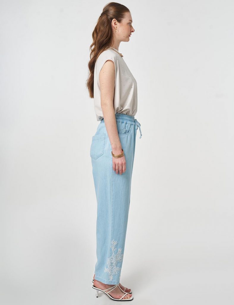 KAYRA Yıkamalı Paçası Nakış İşlemeli Denim Pantolon 79023 - KARMA