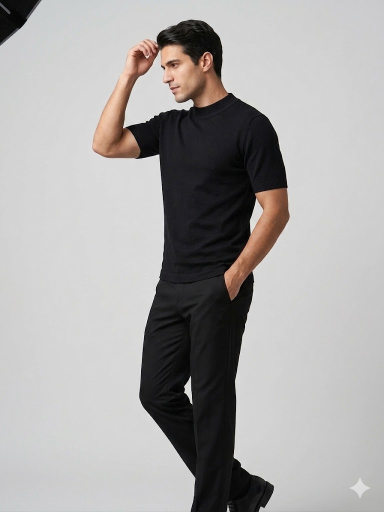 MCR Erkek Bisiklet Yaka Kendinden Dokulu Triko T-Shirt 11530 - Siyah