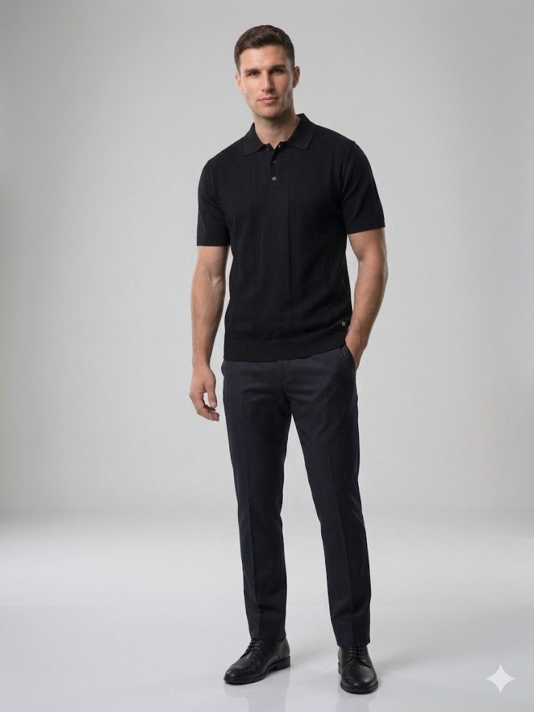 MCR Polo Yaka Örgü Dokulu Triko T-Shirt 11587 - Siyah