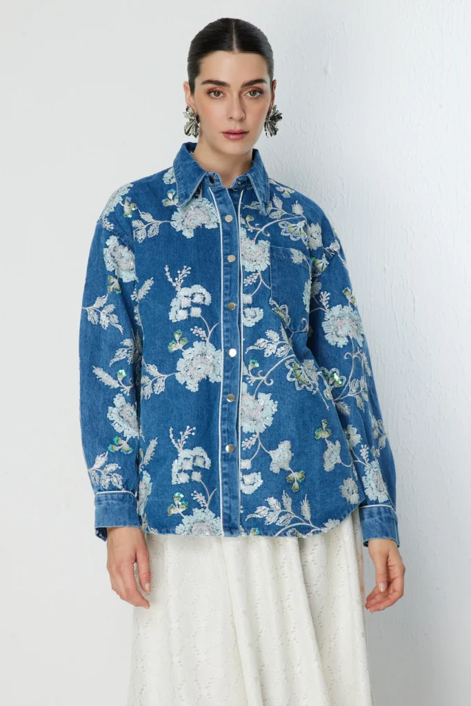 ON TRİKO İşleme Detaylı Kot Gömlek 70321 - MAVİ