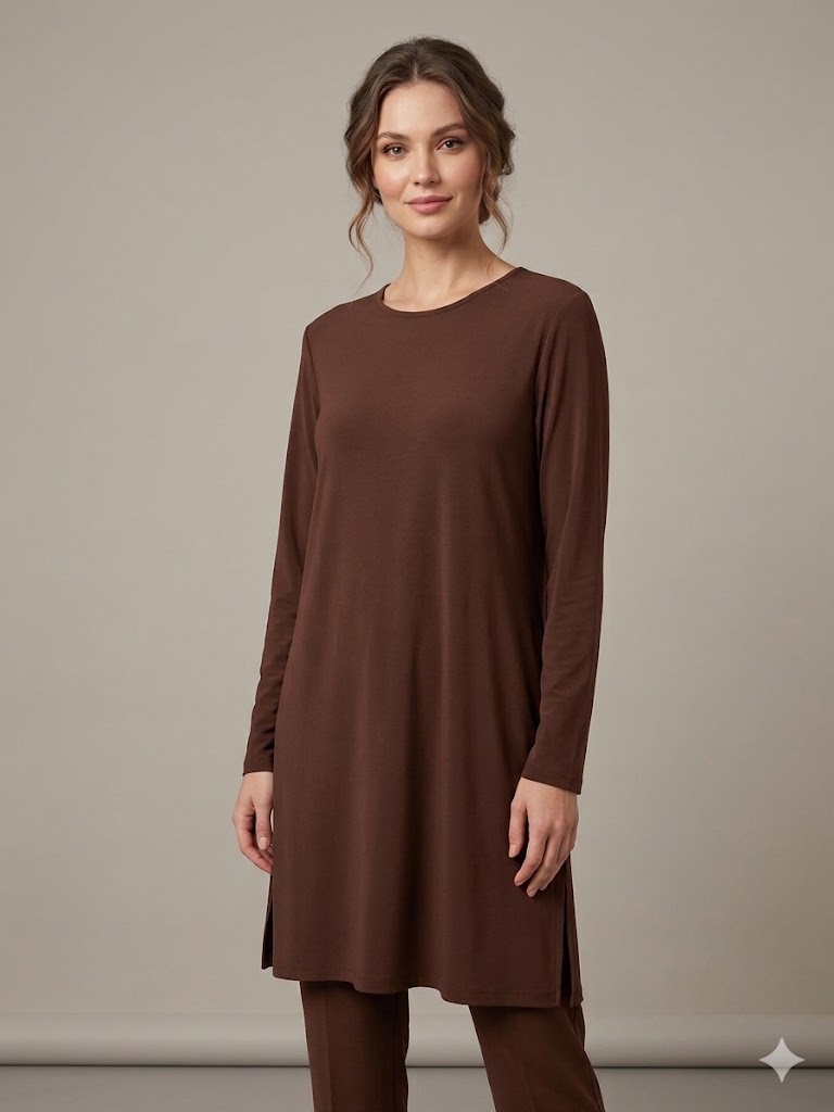 ON TRİKO Kadın Siyah Bisiklet Yaka Uzun Kollu Basic Tunik 71502 - kahve