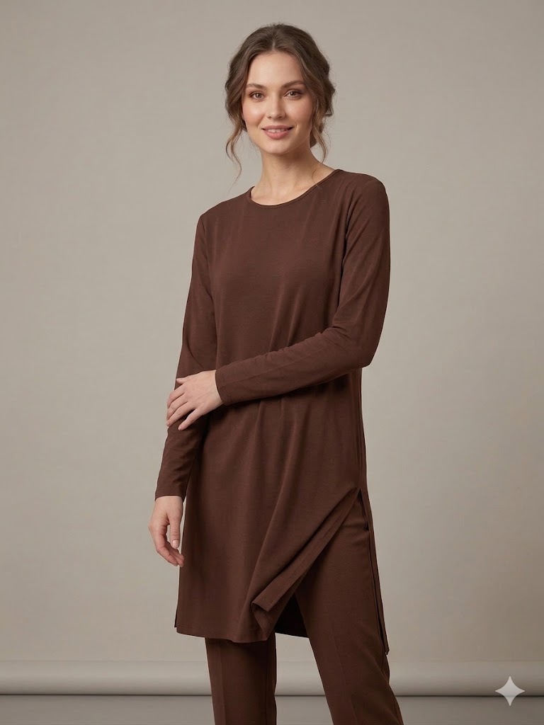ON TRİKO Kadın Siyah Bisiklet Yaka Uzun Kollu Basic Tunik 71502 - kahve