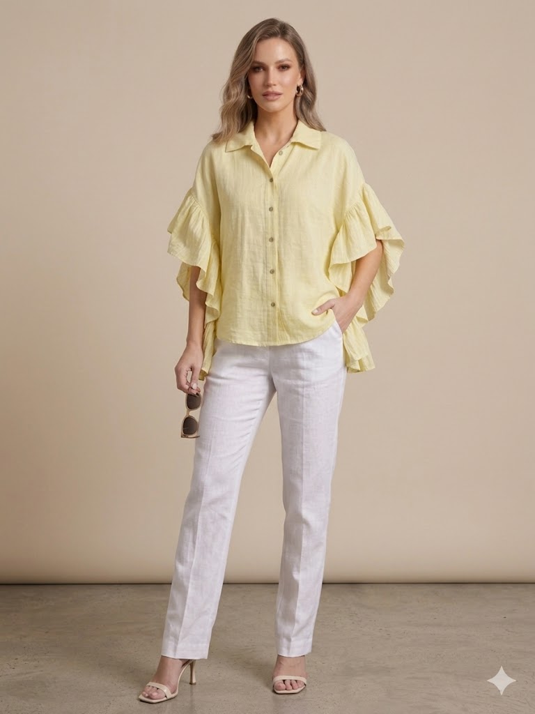 ONİX Oversize Fırfırlı Keten Bluz 47630 - SARI