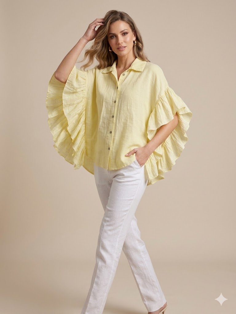 ONİX Oversize Fırfırlı Keten Bluz 47630 - SARI