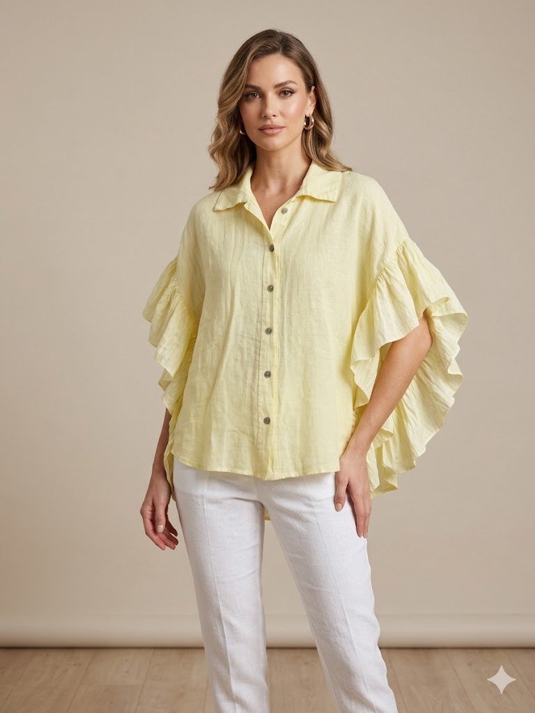 ONİX Oversize Fırfırlı Keten Bluz 47630 - SARI