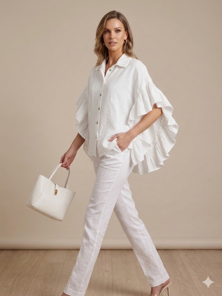 ONİX Oversize Fırfırlı Keten Bluz 47630 - Beyaz