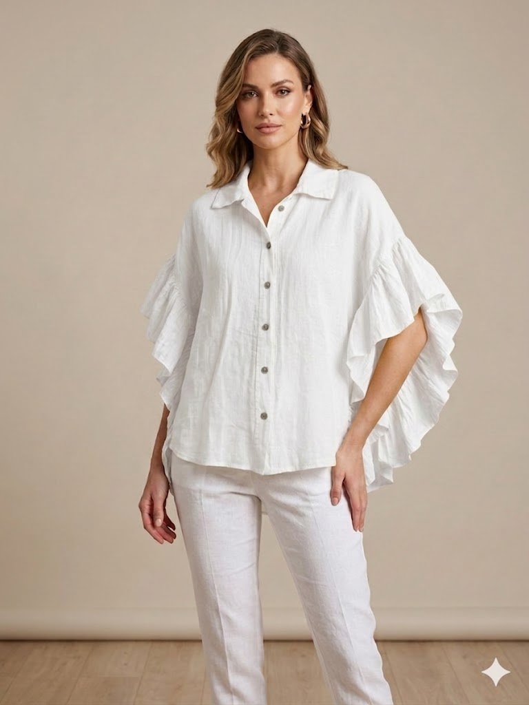 ONİX Oversize Fırfırlı Keten Bluz 47630 - Beyaz