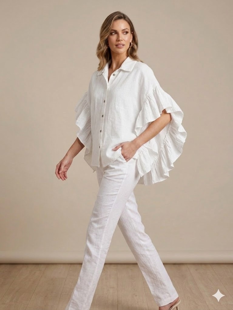 ONİX Oversize Fırfırlı Keten Bluz 47630 - Beyaz