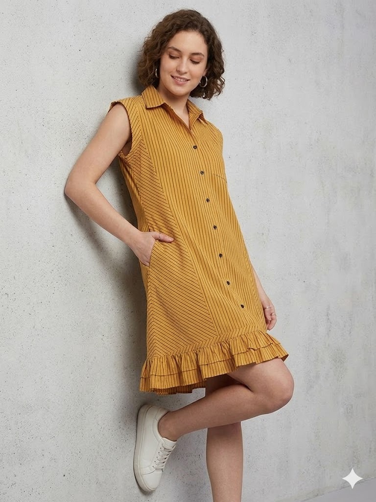 ONİX Fırfırlı Kolsuz Gömlek Elbise 23062 - SARI