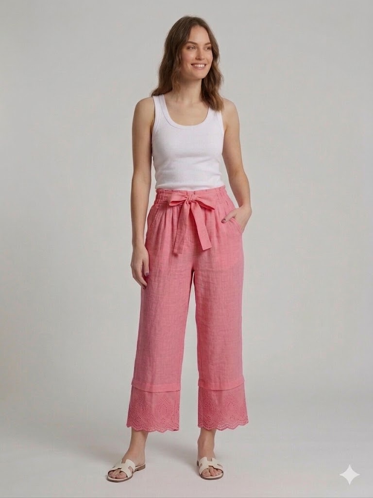 ONİX Bağlama Detaylı Geniş Paça Keten Pantolon 45950 - pembe