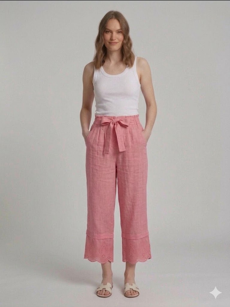 ONİX Bağlama Detaylı Geniş Paça Keten Pantolon 45950 - pembe
