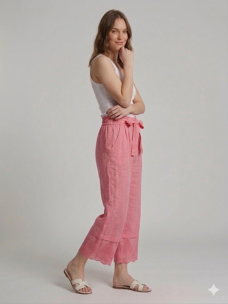 ONİX Bağlama Detaylı Geniş Paça Keten Pantolon 45950 - pembe