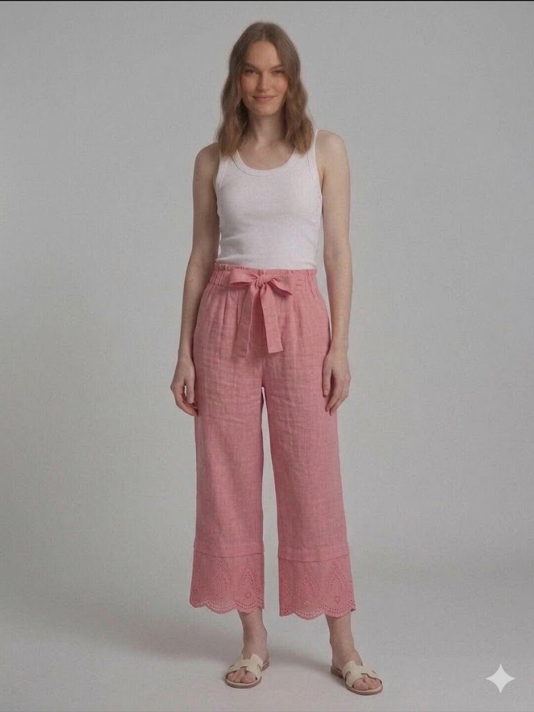 ONİX Bağlama Detaylı Geniş Paça Keten Pantolon 45950 - pembe