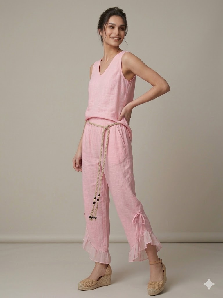 ONİX Bağıcıklı Fırfır Paça Pantolon 47110 - pembe