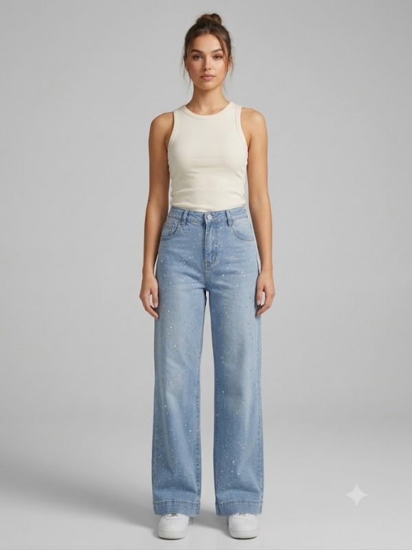 ONİX Işıltılı Sim Baskılı Wide Leg Palazzo Jean Kot Pantolon 731