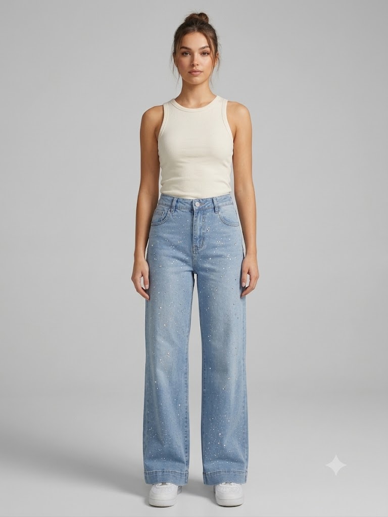 ONİX Işıltılı Sim Baskılı Wide Leg Palazzo Jean Kot Pantolon 731 - MAVİ