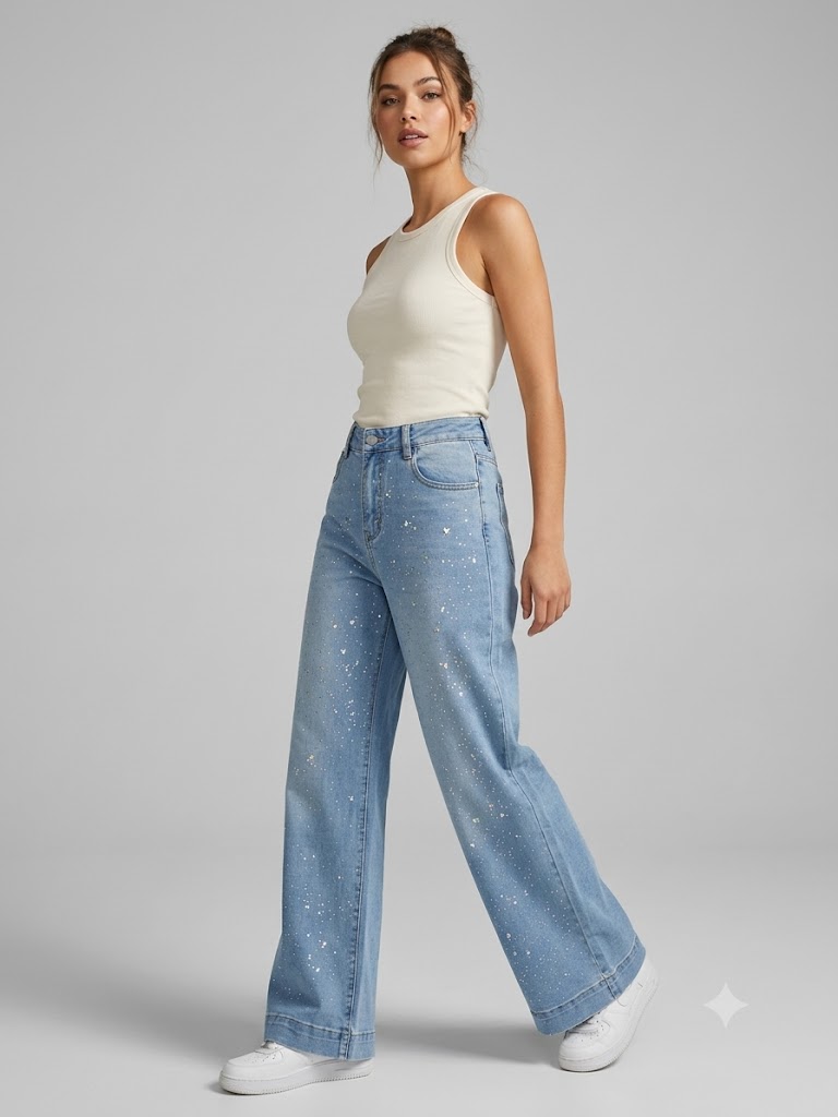 ONİX Işıltılı Sim Baskılı Wide Leg Palazzo Jean Kot Pantolon 731 - MAVİ