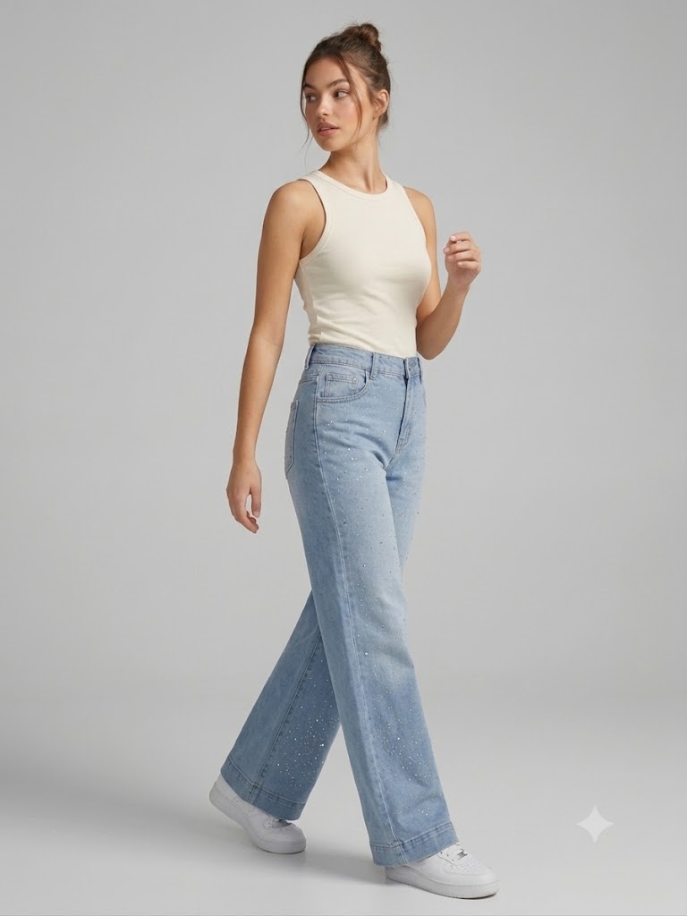 ONİX Işıltılı Sim Baskılı Wide Leg Palazzo Jean Kot Pantolon 731 - MAVİ