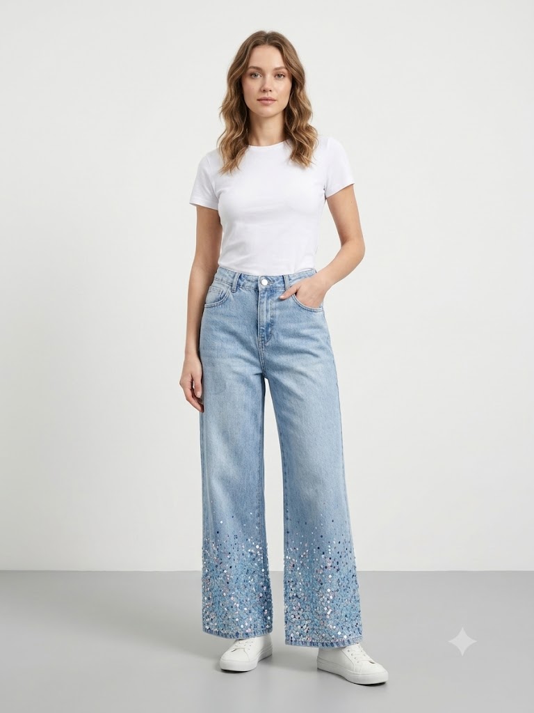 ONİX Geniş Paça Işıltılı Denim Pantolon 959 - A.MAVİ