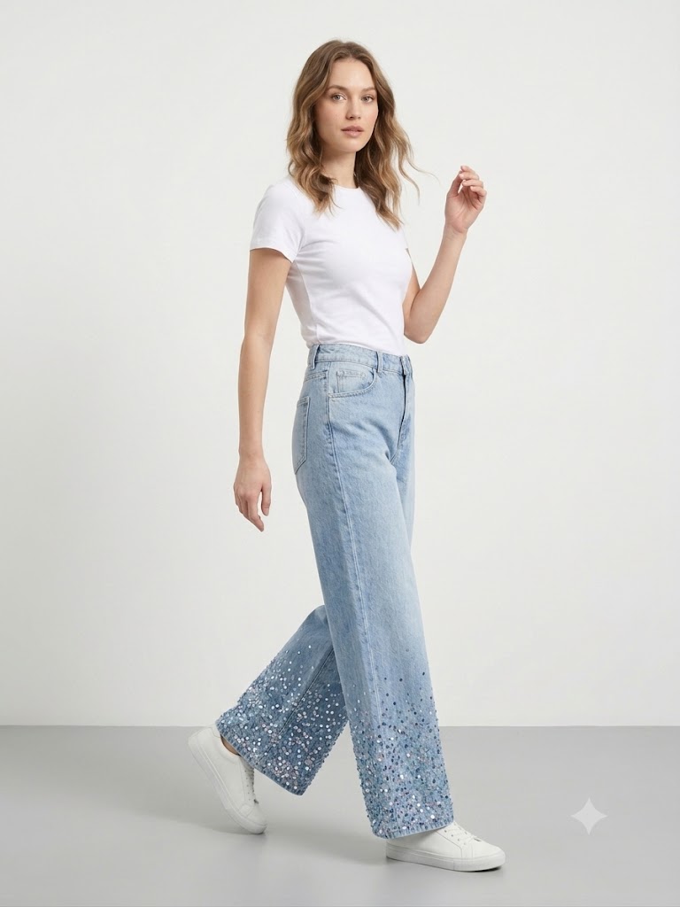 ONİX Geniş Paça Işıltılı Denim Pantolon 959 - A.MAVİ