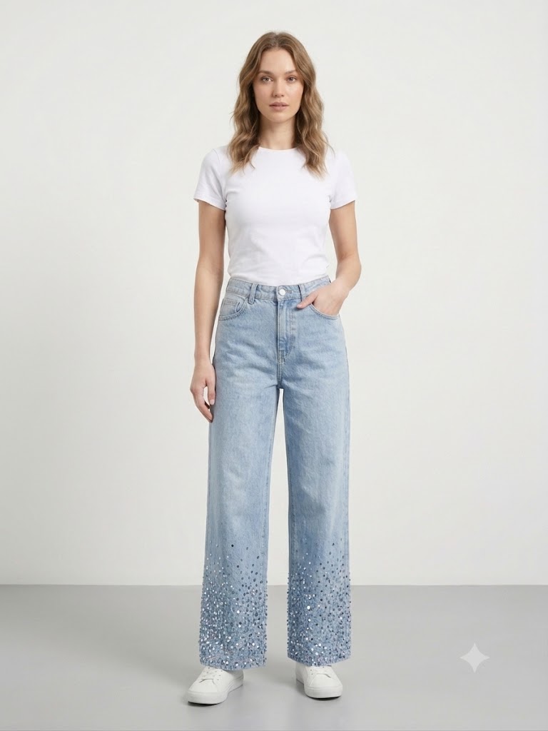 ONİX Geniş Paça Işıltılı Denim Pantolon 959 - A.MAVİ