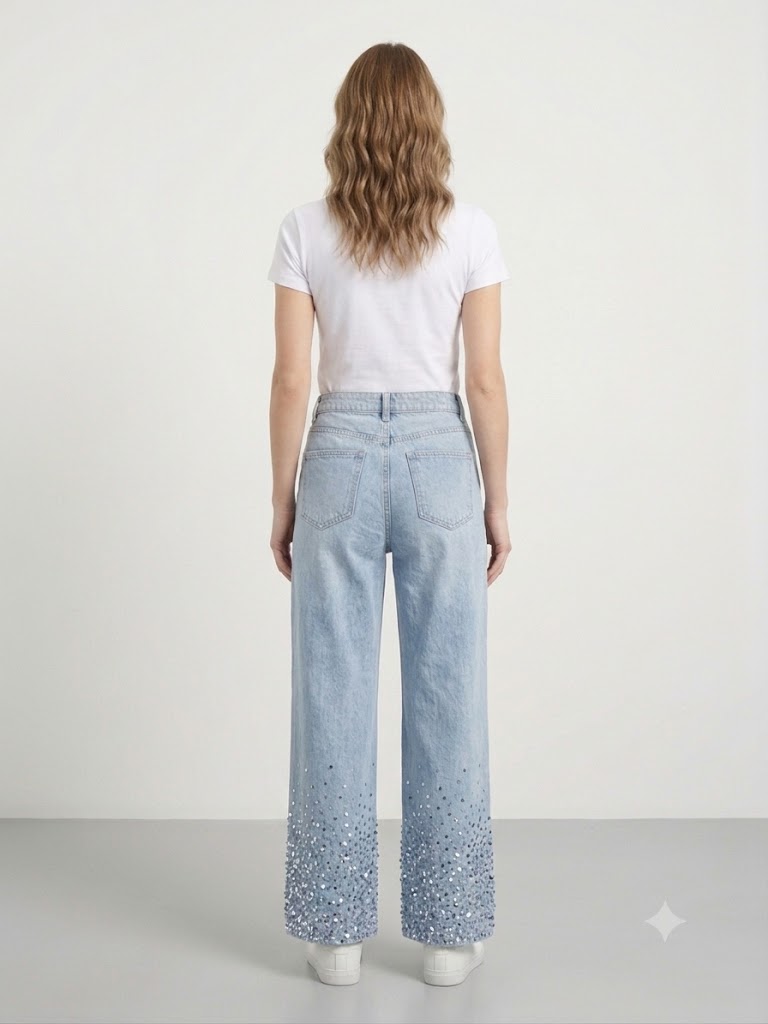 ONİX Geniş Paça Işıltılı Denim Pantolon 959