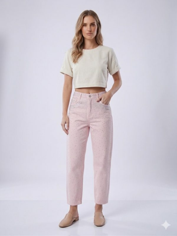 ONİX Yüksek Bel Taş İşlemeli Casual Denim Pantolon T8046