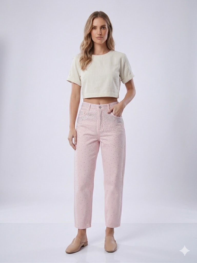ONİX Yüksek Bel Taş İşlemeli Casual Denim Pantolon T8046 - pembe
