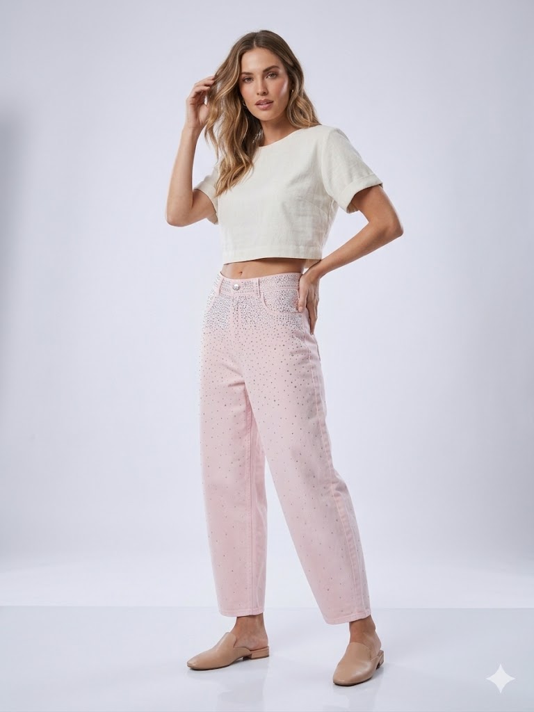 ONİX Yüksek Bel Taş İşlemeli Casual Denim Pantolon T8046 - pembe