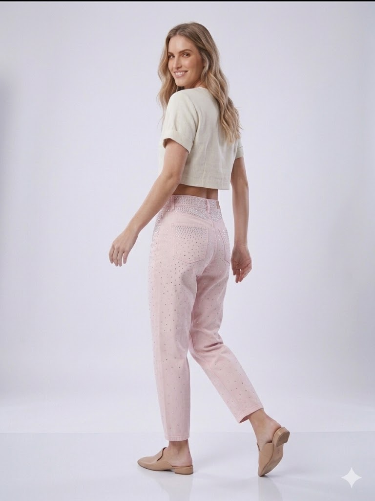 ONİX Yüksek Bel Taş İşlemeli Casual Denim Pantolon T8046 - pembe