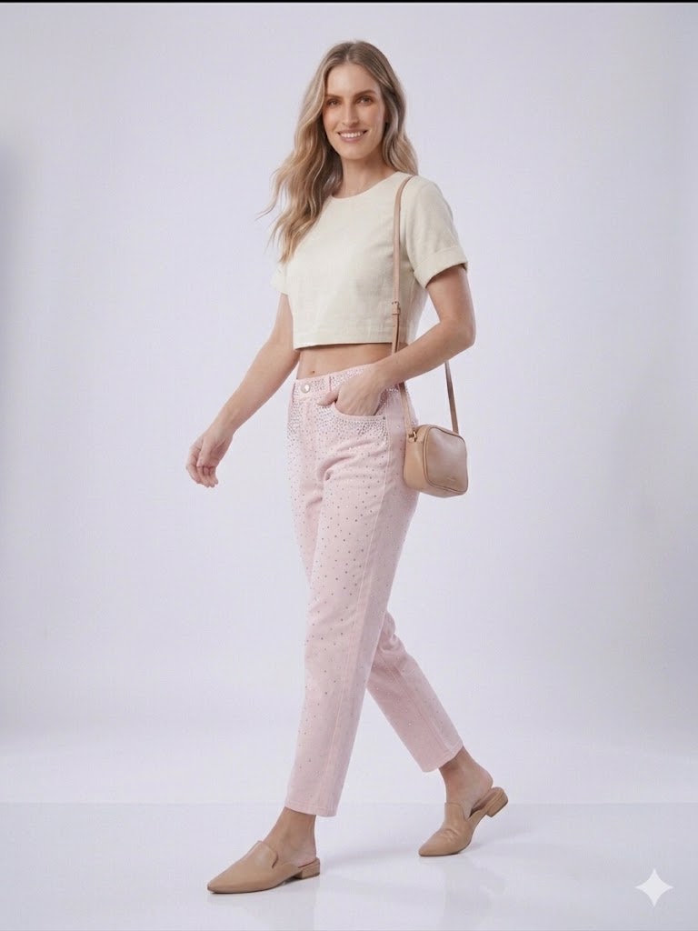 ONİX Yüksek Bel Taş İşlemeli Casual Denim Pantolon T8046 - pembe