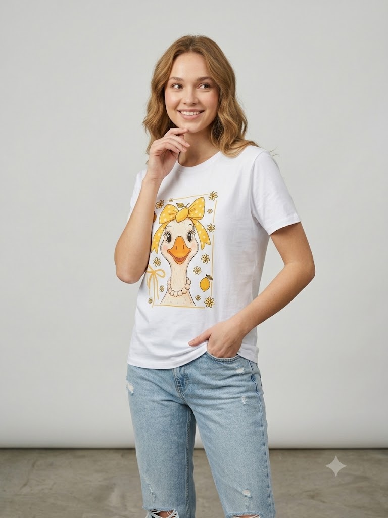 ONİX Pamuklu Bisiklet Yaka Ördek ve Limon Baskılı T-Shirt 2226-131 - Beyaz