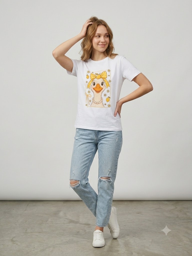 ONİX Pamuklu Bisiklet Yaka Ördek ve Limon Baskılı T-Shirt 2226-131 - Beyaz